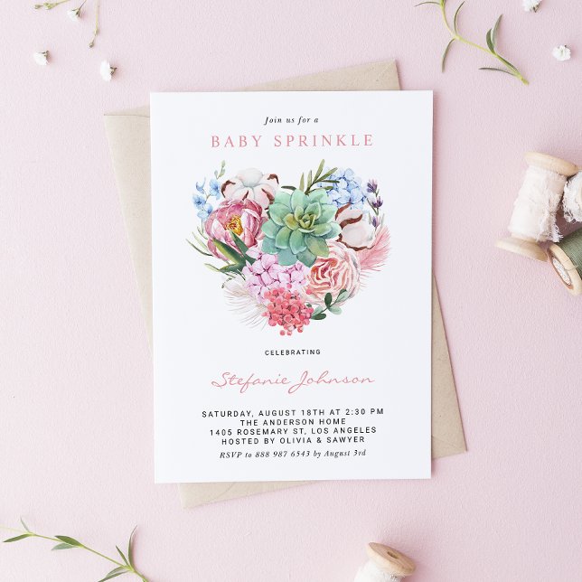 Watercolor Succulent Floral Heart Baby Sprinkle Invitation (Creator Uploaded)