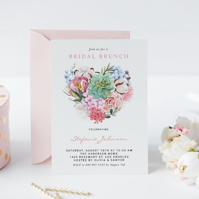 Watercolor Succulent Floral Heart Brunch Shower Invitation (Creator Uploaded)