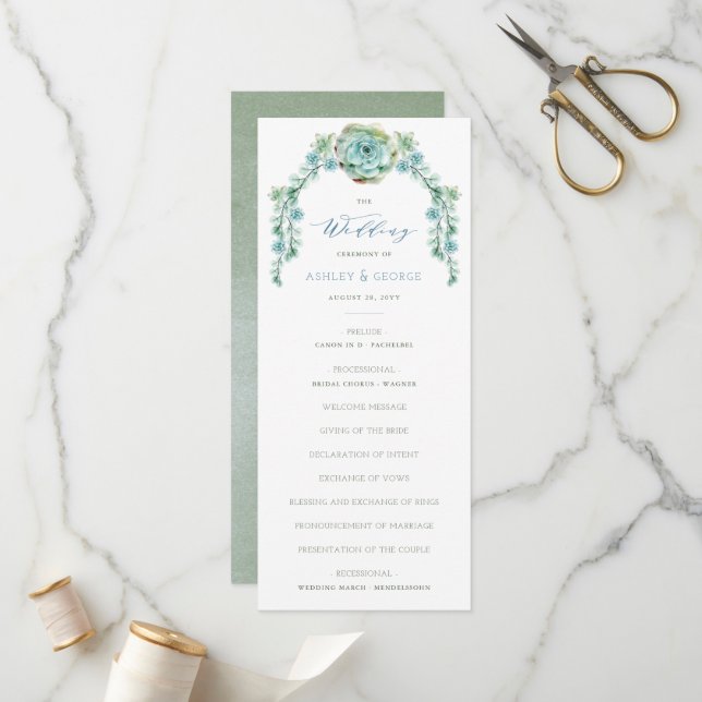 Watercolor Succulent Flower Arbor Garden Wedding Programme (Front/Back In Situ)