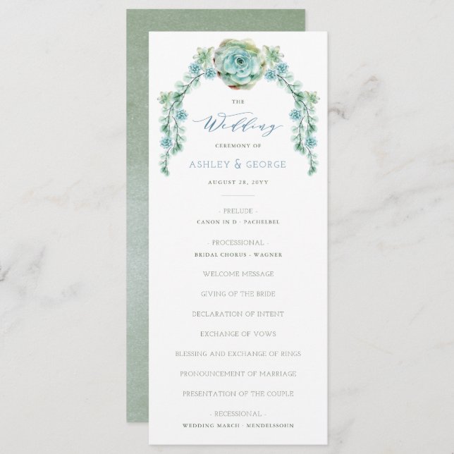Watercolor Succulent Flower Garden Wedding Program Invitation (Front/Back)