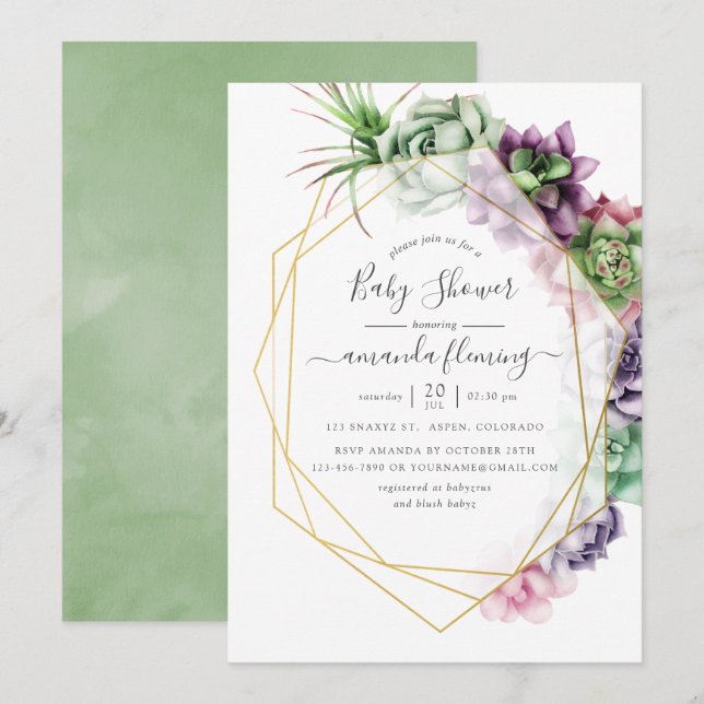 Watercolor Succulent Geometric Baby Shower Invitation (Front/Back)
