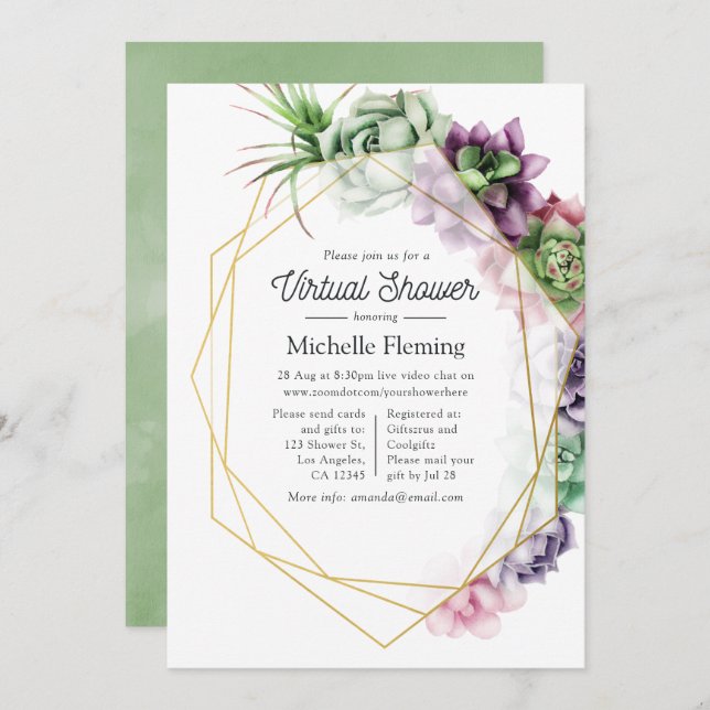 Watercolor Succulent Geometric Virtual Baby Shower Invitation (Front/Back)