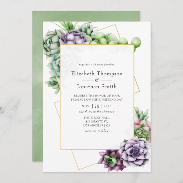 Watercolor Succulent Geometric Wedding Invitation (Front/Back)