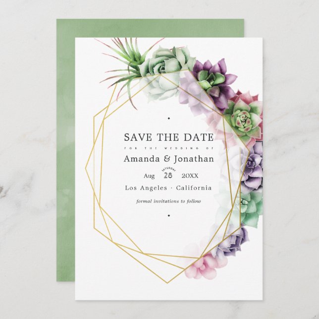 Watercolor Succulent Geometric Wedding Photo Save The Date (Front/Back)
