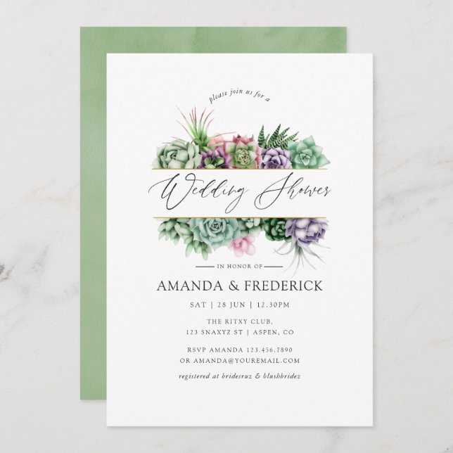 Watercolor Succulent Geometric Wedding Shower Invitation (Front/Back)