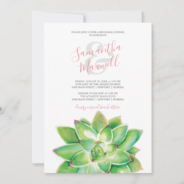 Watercolor Succulent Leaves Rehearsal Dinner (Front)