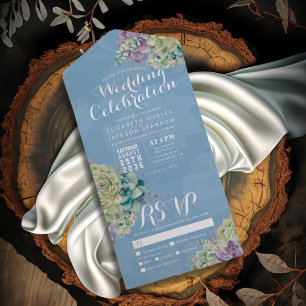 Watercolor Succulent Plant Light Blue Wedding RSVP All In One Invitation