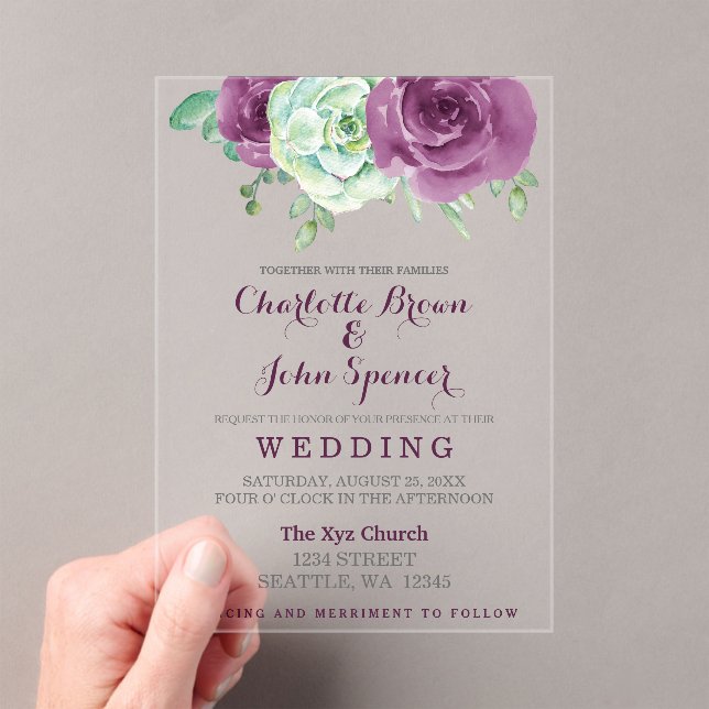 watercolor succulent plum roses wedding acrylic invitations (Insitu (Handheld))