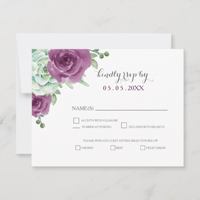 watercolor succulent plum roses wedding rsvp card (Front)