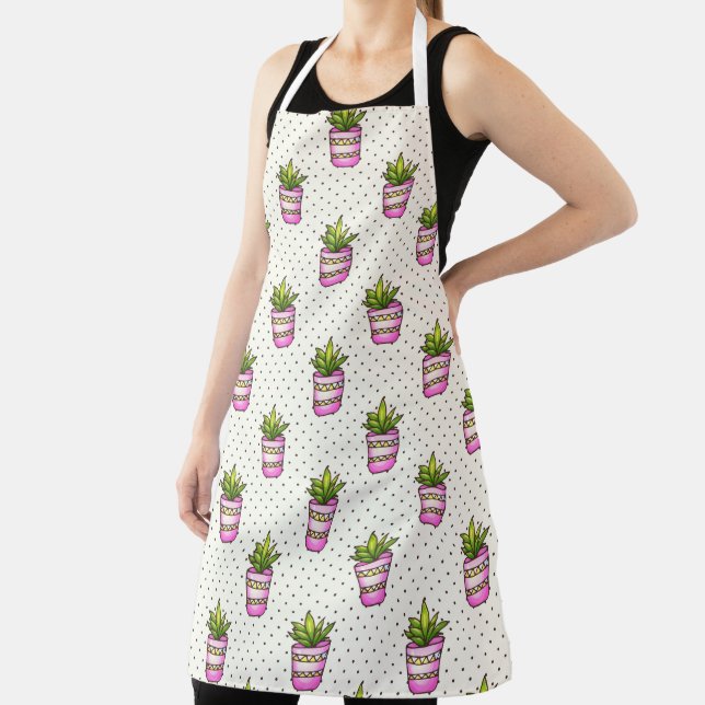 Watercolor Succulent Polka Dot Pattern Apron (Insitu)