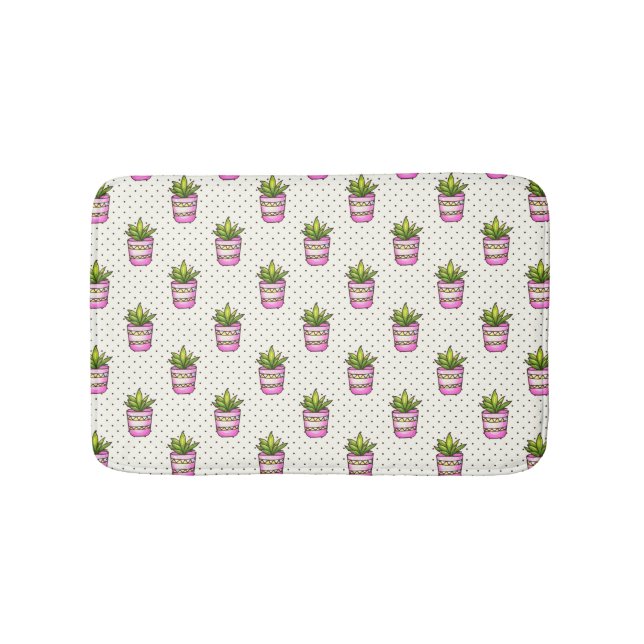 Watercolor Succulent Polka Dot Pattern Bath Mat (Front)