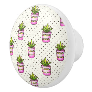 Watercolor Succulent Polka Dot Pattern Ceramic Knob