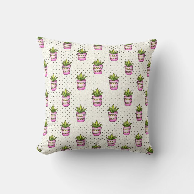 Watercolor Succulent Polka Dot Pattern Cushion (Front)