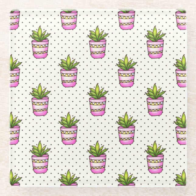Watercolor Succulent Polka Dot Pattern Glass Coaster (Front)