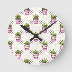 Watercolor Succulent Polka Dot Pattern Round Clock