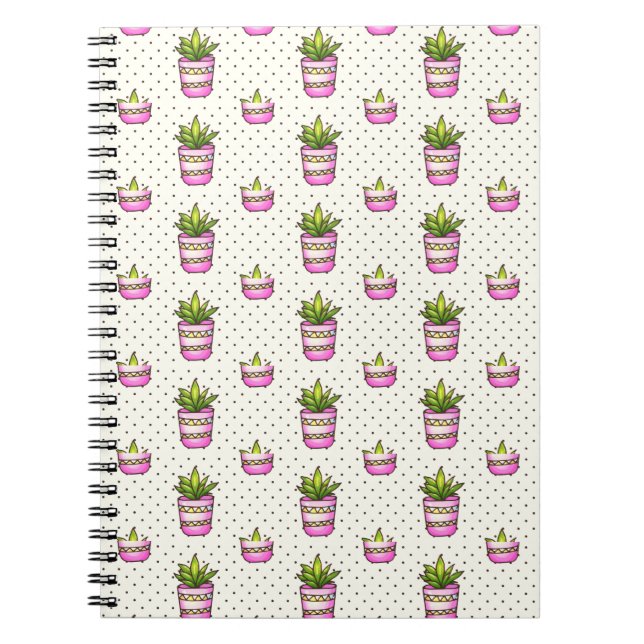 Watercolor Succulent Polka Dot Pattern Spiral Notebook (Front)
