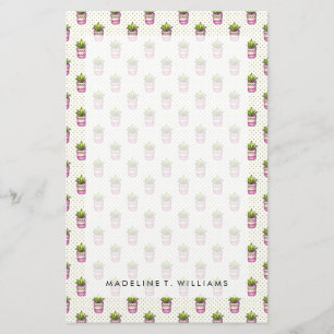 Watercolor Succulent Polka Dot Pattern Stationery