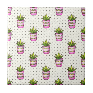 Watercolor Succulent Polka Dot Pattern Tile