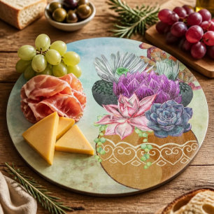 Watercolor Succulent Pot Round Glass Cutting Board