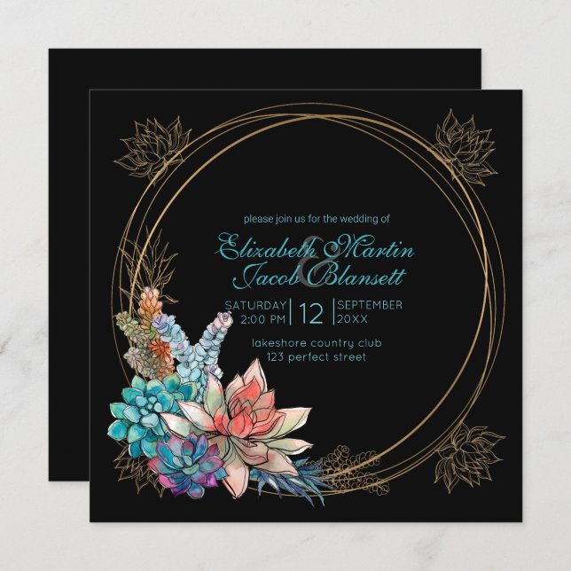Watercolor Succulent, teal black Wedding Invitation (Front/Back)