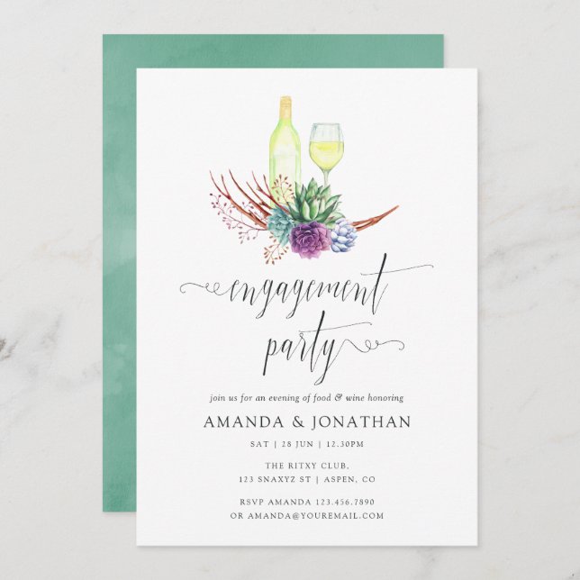 Watercolor Succulent Wine Tasting Engagement Party Invitation (Front/Back)