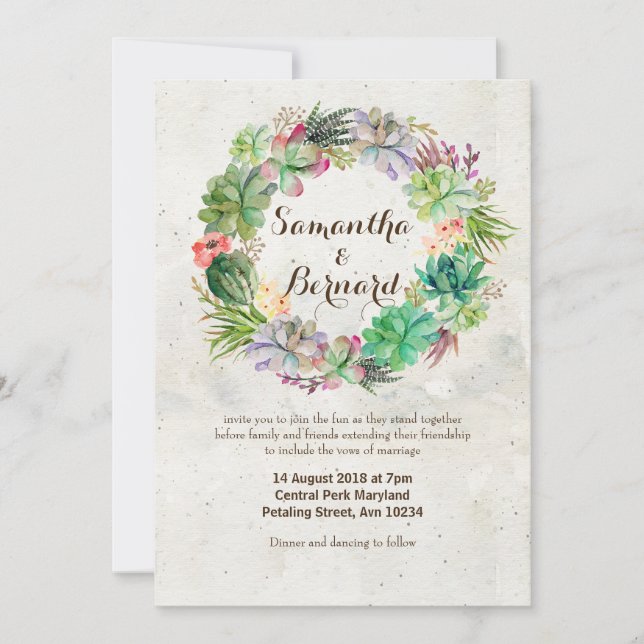 Watercolor Succulent Wreath Wedding Invitation (Front)
