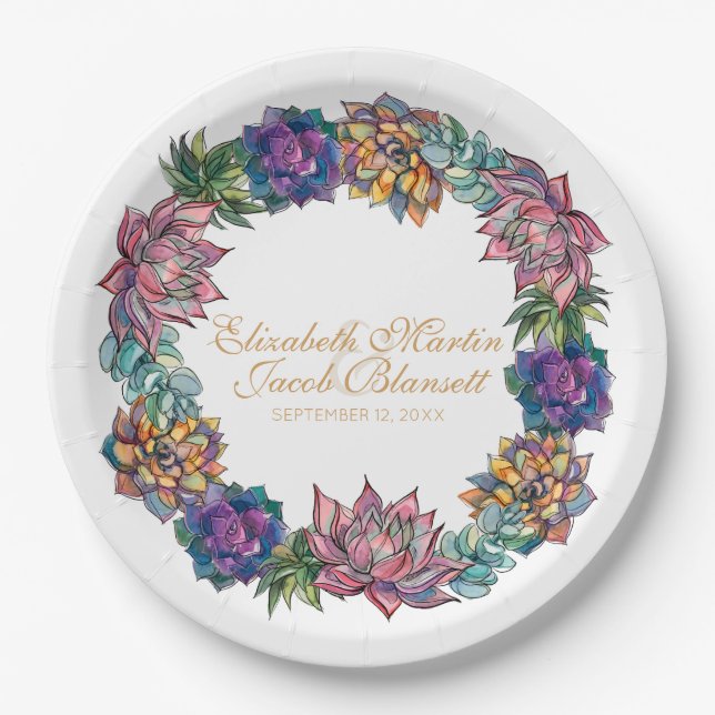 Watercolor Succulent Wreath Wedding Paper Plate (Front)
