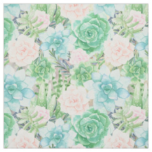 Watercolor Succulents   Aqua, Coral, Mint Green Fabric