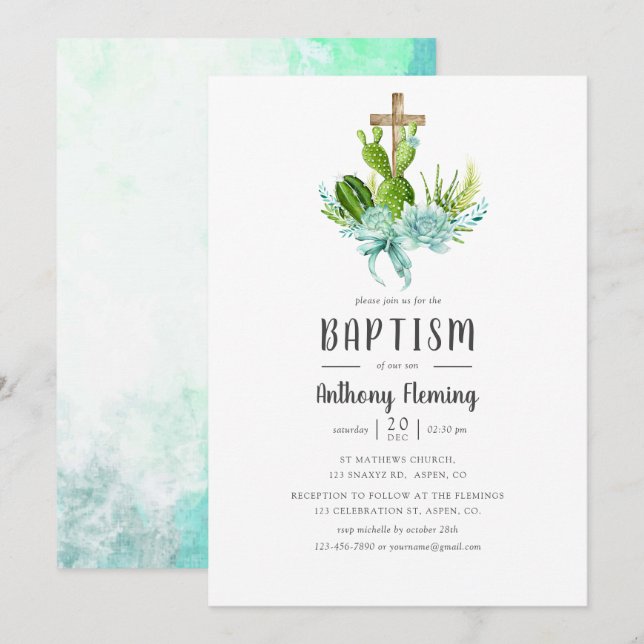 Watercolor Succulents Baby Boy Baptism/Christening Invitation (Front/Back)