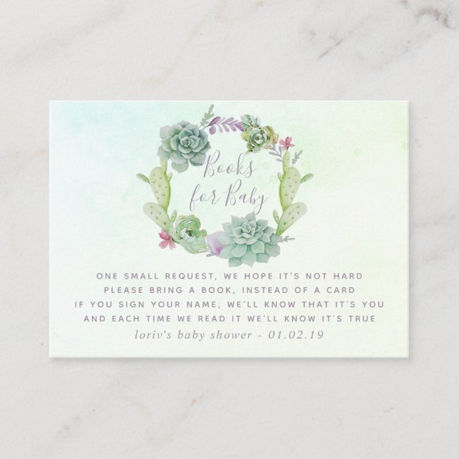 Watercolor Succulents Baby Shower Book Request Enclosure Card (Front)