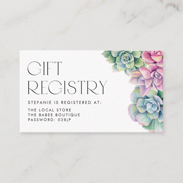 Watercolor Succulents Baby Shower Gift Registry Enclosure Card (Front)