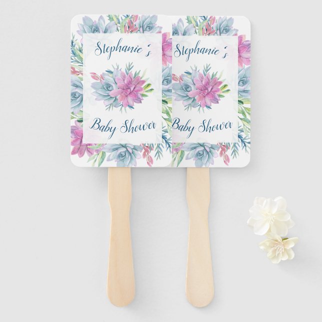 Watercolor Succulents Baby Shower Hand Fan (Front and Back)