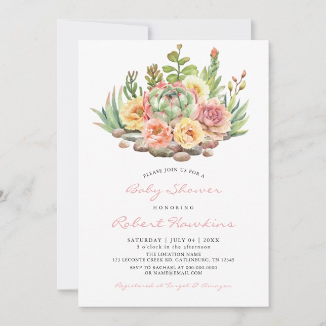 Watercolor Succulents Baby Shower Invitation (Front)