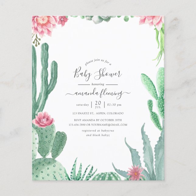 Watercolor Succulents Baby Shower Invitation Flyer (Front)