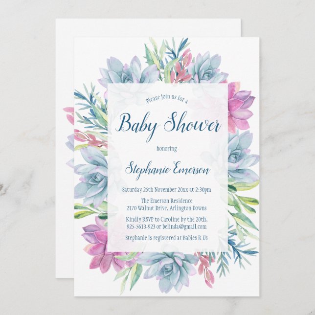 Watercolor Succulents Baby Shower Invitations (Front/Back)