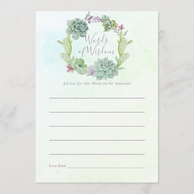 Watercolor Succulents Baby Shower Mum Advice Card (Front)