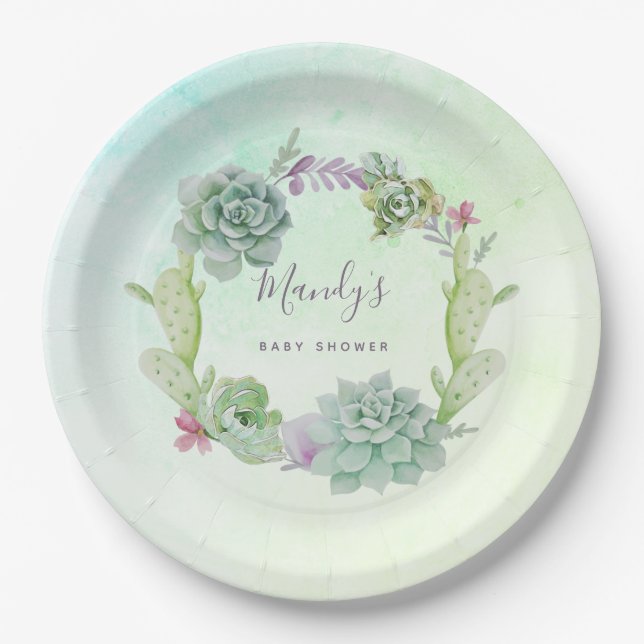 Watercolor Succulents Baby Shower Paper Plate (Front)