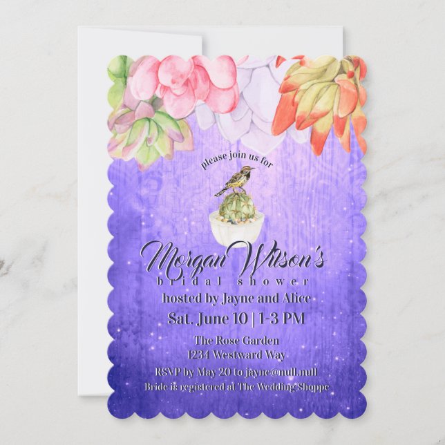 Watercolor Succulents Bird Purple Bridal Shower Invitation (Front)