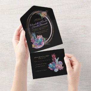 Watercolor Succulents, black All In One Invitation