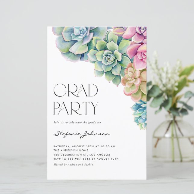Watercolor Succulents Boho Graduation Invitation (Standing Front)