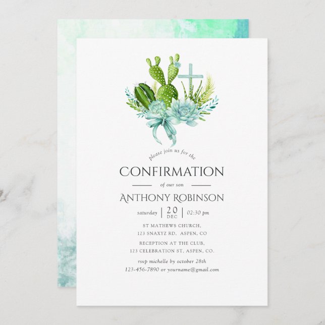 Watercolor Succulents Boy Confirmation Invitation (Front/Back)