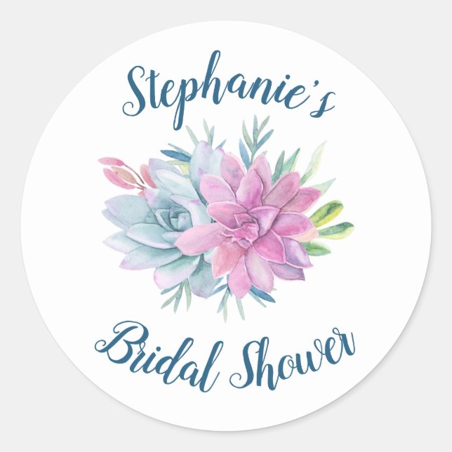 Watercolor Succulents Bridal Shower Classic Round Sticker (Front)