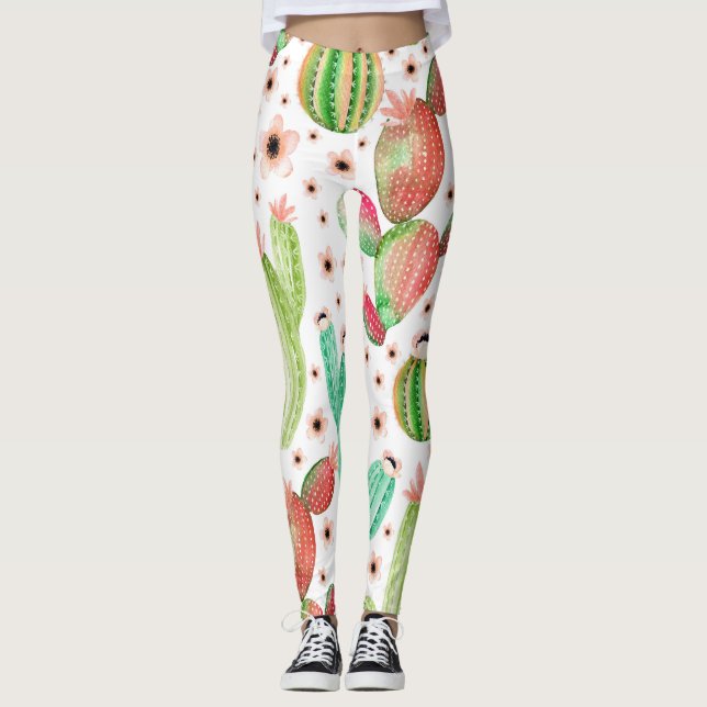 Watercolor succulents, cacti seamless pattern. leggings (Front)