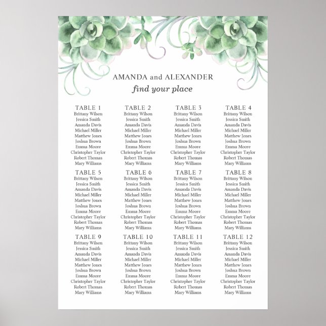 Watercolor succulents. Cacti wedding seating chart (Front)