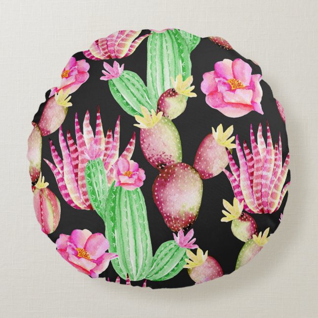 Watercolor succulents: cactus floral pattern. round cushion (Front)