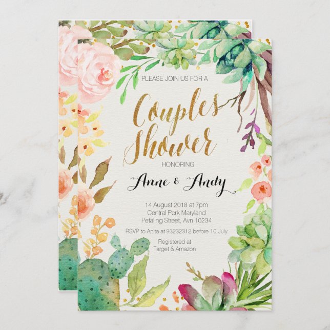 Watercolor Succulents Couples Shower invite Boho (Front/Back)