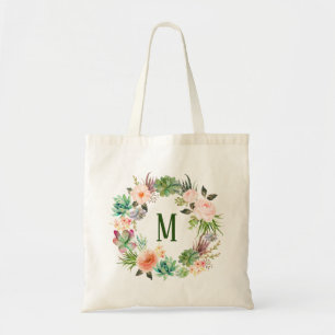 Watercolor Succulents Floral Monogram Bridesmaid Tote Bag