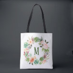 Watercolor Succulents Floral Wreath Monogram Tote Bag<br><div class="desc">Customisable bag featuring watercolor succulents and cactus wreath with flowers accent wreath. This floral monogram tote bag is perfect as a personalised gift.</div>