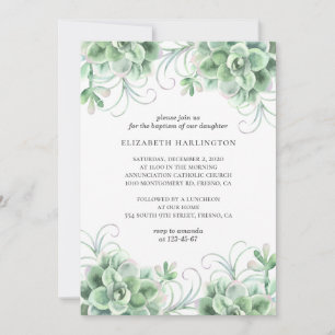 Watercolor succulents. Greenery cactus baptism Invitation