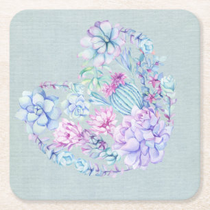 Watercolor Succulents Heart Square Paper Coaster